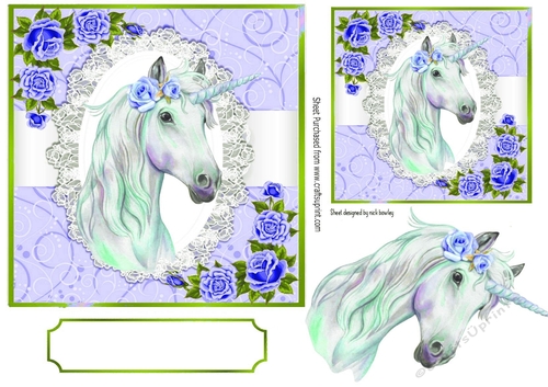 pretty unicorn with blue roses on lace 7x7
