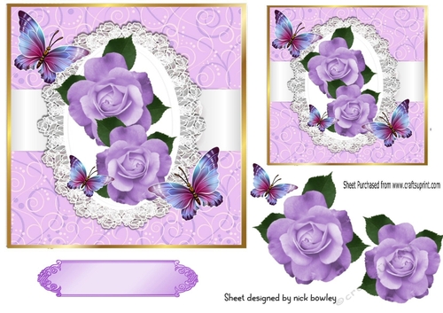 Pretty lilac roses on lace with butterflies 7x7