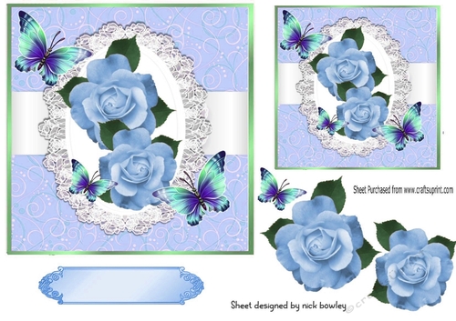 Pretty blue roses on lace with butterflies 7x7