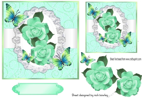 Pretty turq roses on lace with butterflies 7x7