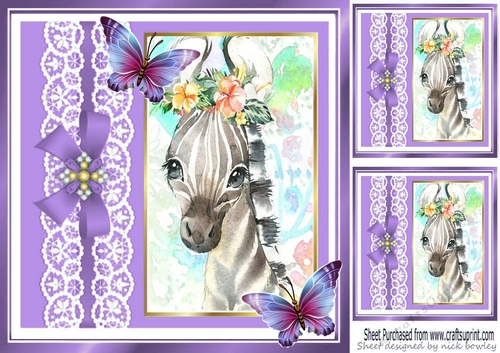 Pretty  Zebra with flowers bows and lace 8x8 (purple)