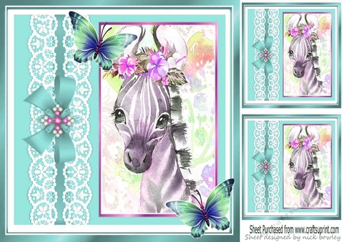 Pretty  Zebra with flowers bows and lace 8x8 (turq)