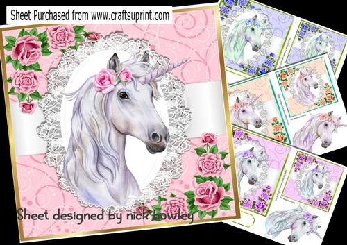  4 pretty watercolour fantasy unicorns with roses/ lace card fronts  7x7 mini kit