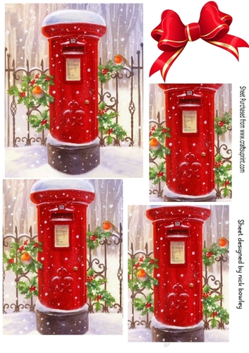 Lovely red post box in the snow with robins  pyramids