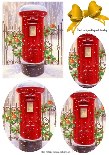 Lovely red post box in the snow with robins oval  pyramids
