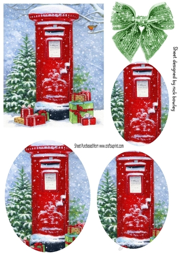 Lovely red post box in the snow with gifts oval pyramids