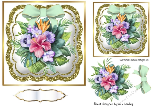 Pretty water colour flowers with bow and glitter 7x7 toppers