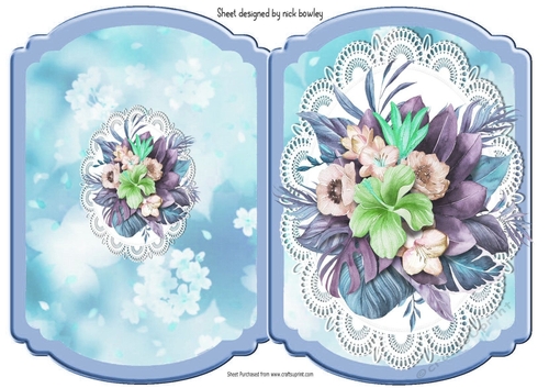 Pretty water colour flowers (blue) on lace folded quick card