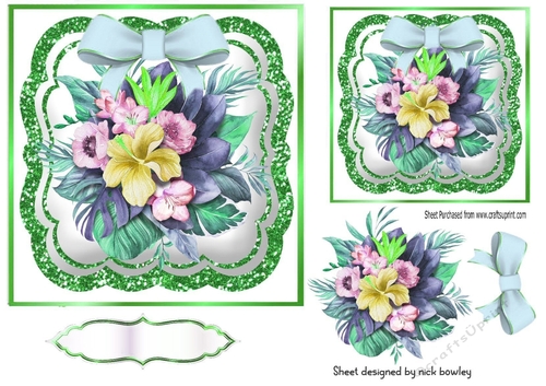 Pretty water colour flowers (blue) with bow and glitter 7x7 toppers