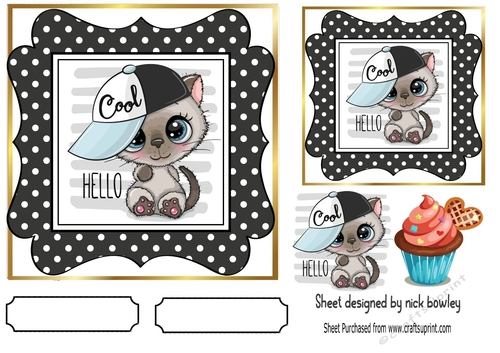 Cool kitty cute in baseball cap 7x7 with cupcake