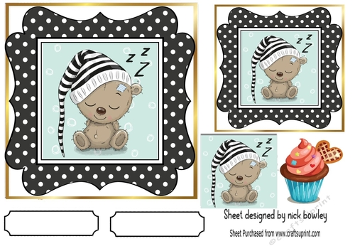 cute sleepy bear in polkadot 7x7 frame with cupcake