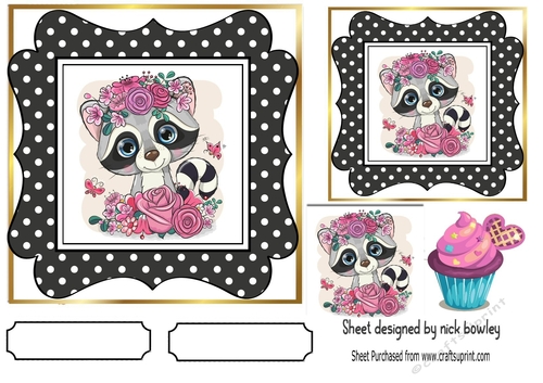 cute raccoon in polkadot frame with cupcake  7x7