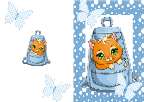 Cute kitty in a back pack with blue spot A5 Card