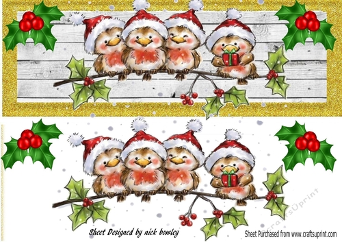 cute robins on a branch in santa hats DL (gold)