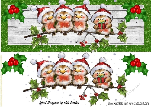 cute robins on a branch in santa hats DL (green)