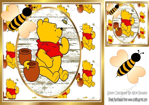 lovely pooh bear with his honey pots and bumble bee 8x8