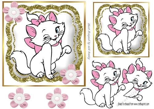 Cute white kitty with pink flowers 7x7  (one)
