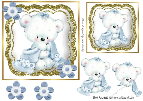 cute teddy with blue blanket and flowers 7x7