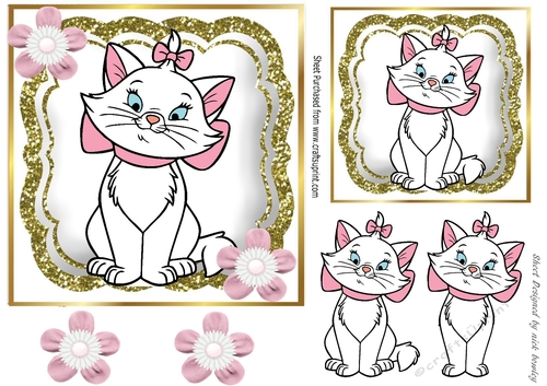 Cute white kitty with pink flowers 7x7  (two)