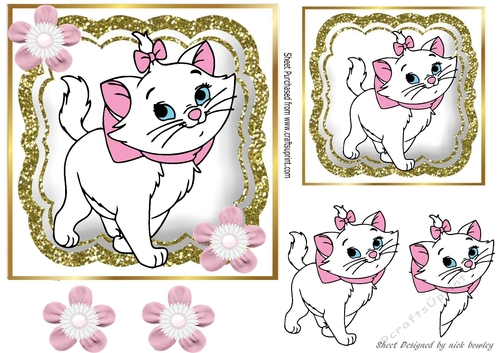 Cute white kitty with pink flowers 7x7  (three)