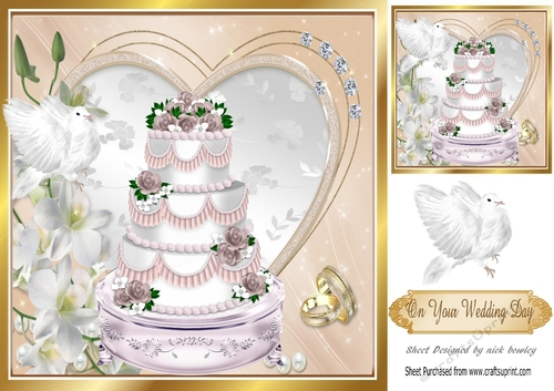 Pretty wedding cake in a gold heart with a dove  8x8