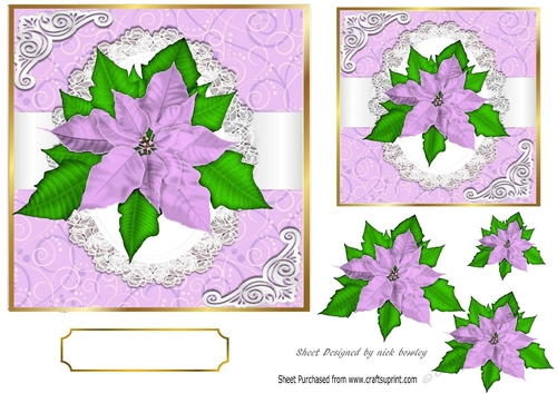 Pretty lilac poinsettias on lace corners toppers 7x7