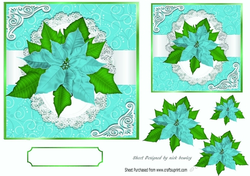 Pretty turq poinsettias on lace corners toppers 7x7