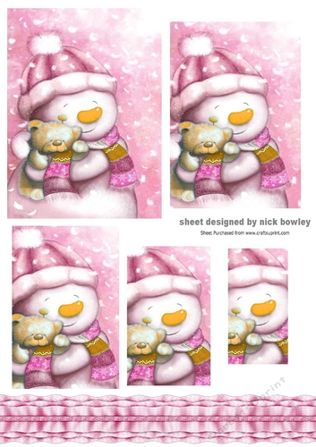 Cute pink snowman with teddy bear with ruffle border (pyramids two)