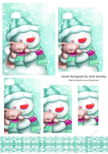 Cute turq snowman with teddy bear with ruffle border (pyramids three)