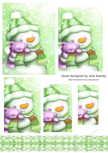 Cute green snowman with teddy bear with ruffle border (pyramids (four)