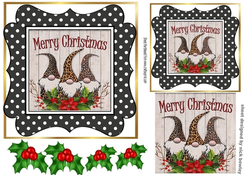 Gnomes in spot frame with holly toppers