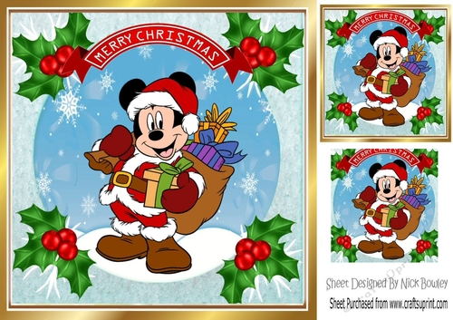Lovely mickey mouse snow scene with holly 8x8