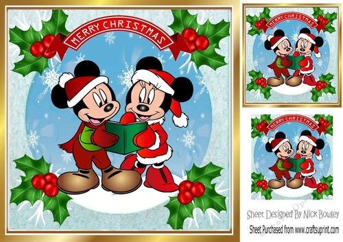 Lovely mickey/minnie mouse singing snow scene with holly 8x8