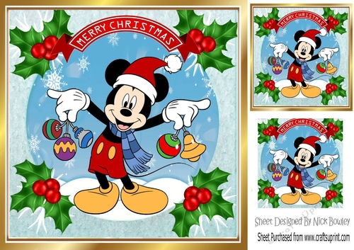 Lovely mickey with baubles snow scene with holly 8x8