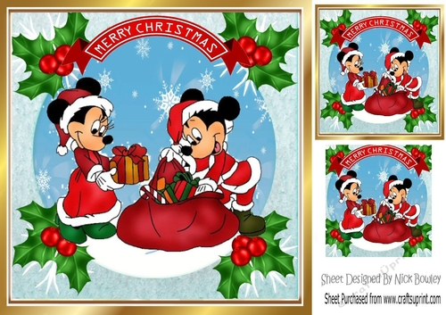 Lovely micky/minnie in santa suits snow scene 8x8  with holly 8x8