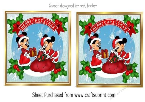 Lovely mickey/minnie mouse snow scene in santa suits holly toppers (three)