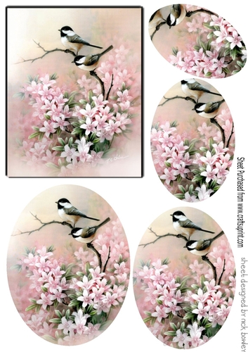 pretty birds on a branch pink flowers oval pyramids