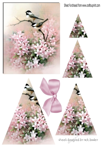 Pretty birds on a branch with pink flowers triangle pyramids