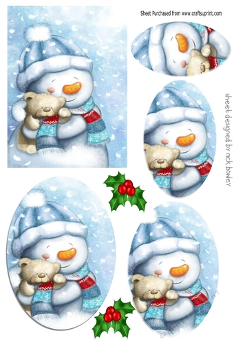 Lovely snowman with teddy with holly oval pyramids