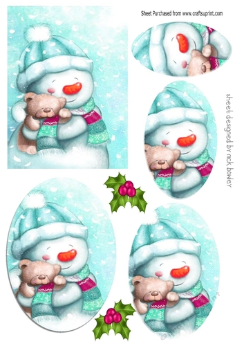 Lovely snowman with teddy with holly oval pyramids (turq)