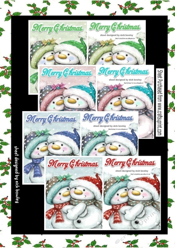  4 Lovely snowmen cuddling A5 card fronts mini kit