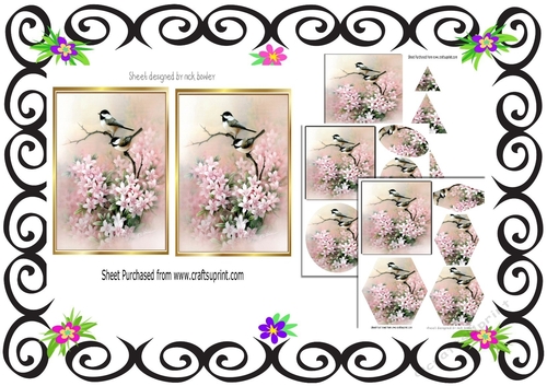  4 Pretty birds on a branch with pink flowers toppers/pyramids mini kit