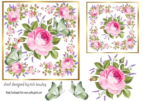 Pretty pink roses with butterflies 7x7 toppers