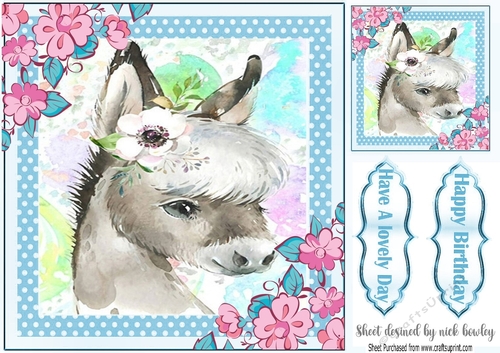 Cute water colour Donkey with flowers 8x8