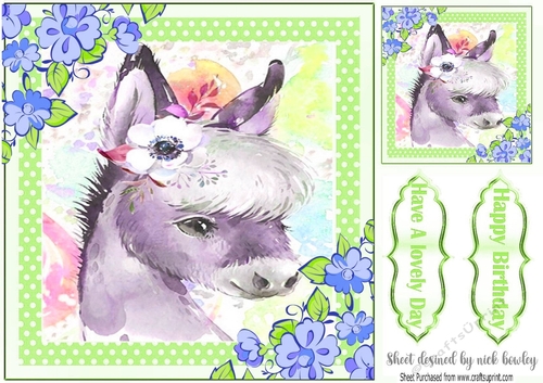 Cute water colour green, Donkey with flowers 8x8