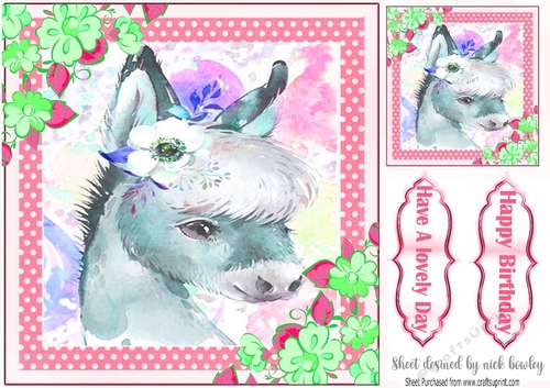 Cute water colour pink, Donkey with flowers 8x8