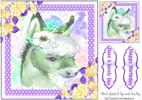 Cute water colour purple, Donkey with flowers 8x8