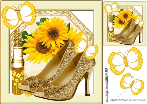 Pretty yellow sunflowers and butterflies with shoes 8x8