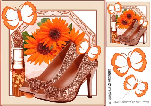 Pretty peach sunflowers and butterflies with shoes 8x8