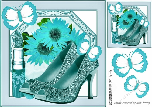 Pretty turq sunflowers and butterflies with shoes 8x8